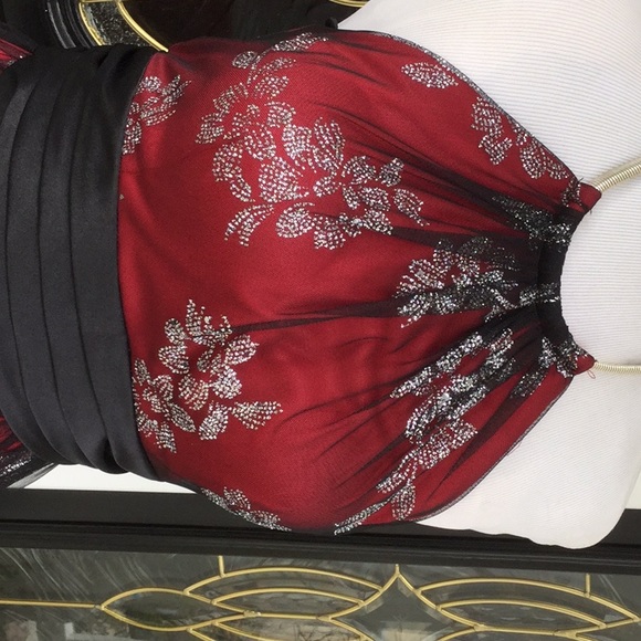 Red dress with sheer black sparkle top layer - Picture 2 of 8